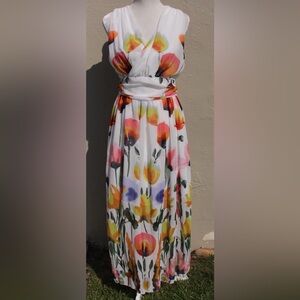 Elegant Large Floral White, Orange, Green, Blue and Pink Maxi Dress